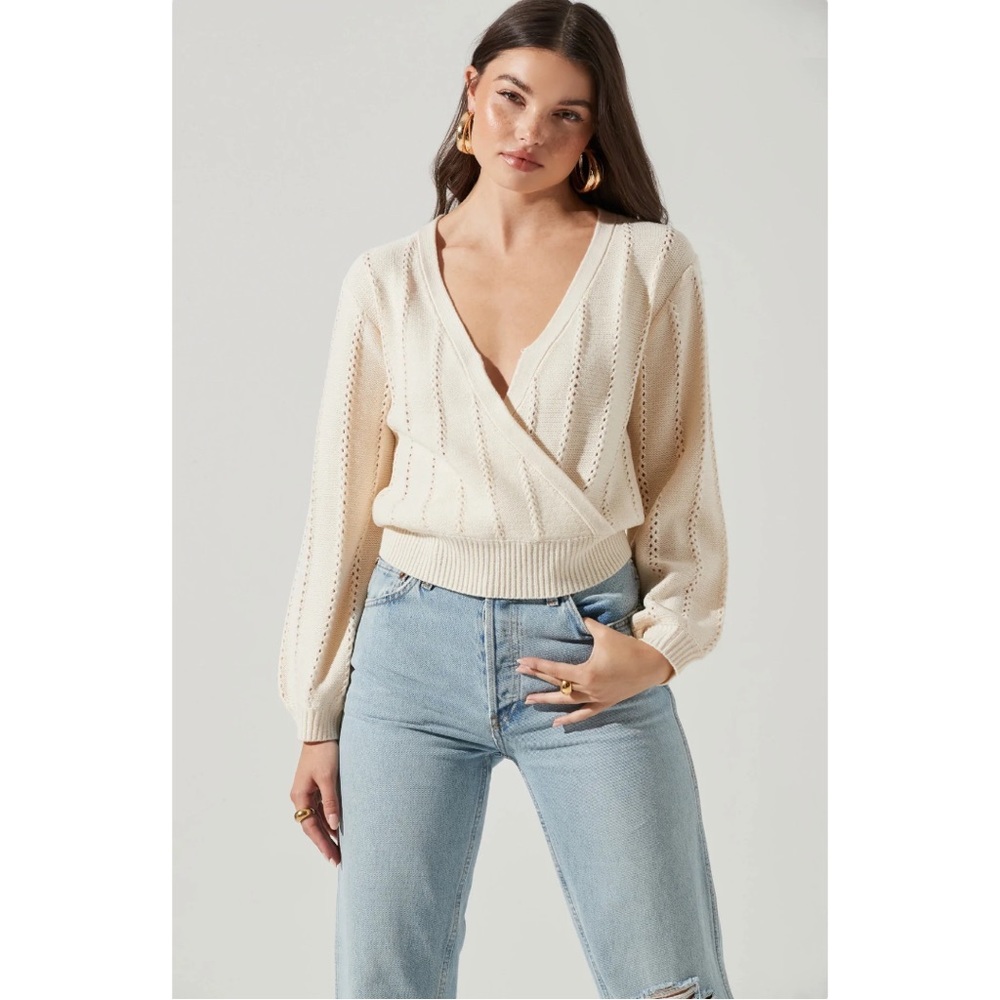 ASTR the Label Womens Cream Wrap Front Pointelle Long Sleeve Sweater, Size XL